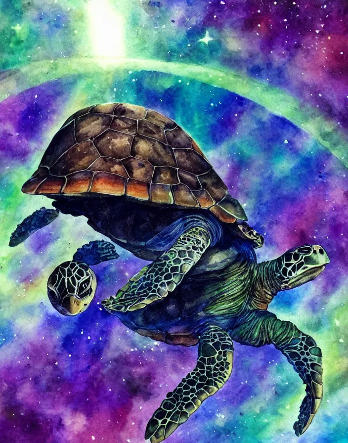 Image similar to turtle goes on a magical journey into a extraterrestrial light prism shadow rhelm, watercolor, ambient lighting, perfect contrast, ultra detailed, trending on art station