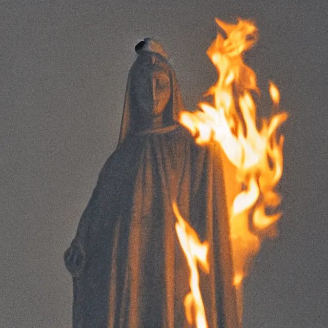 Prompt: statue of holy mother mary of sacred heart, half black and burned and on fire, crisp grainy photograph