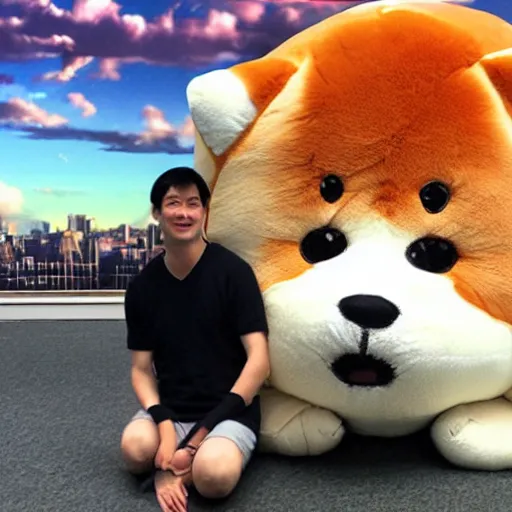 Image similar to a giant plushy shiba inu destroying a city, photo realistic, highly detailed,