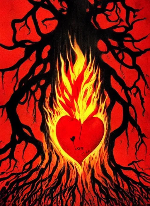 Prompt: dripping heart in fire ❤🔥 with roots growing above it, sadness, dark ambiance, concept by godfrey blow and banksy, featured on deviantart, sots art, lyco art, artwork, photoillustration, poster art, black and red