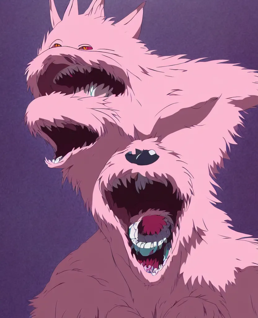 Prompt: beautiful painting from the anime film by studio ghibli, pink anthropomorphic werewolf human hybrid, drooling teeth bared, fur, trending on artstation,