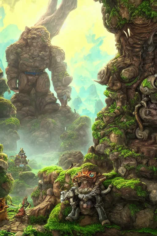 Image similar to zelda fantasy art giant golem troll wood rock greeble gemstone, global illumination ray tracing hdr fanart arstation by sung choi and eric pfeiffer and gabriel garza and casper konefal