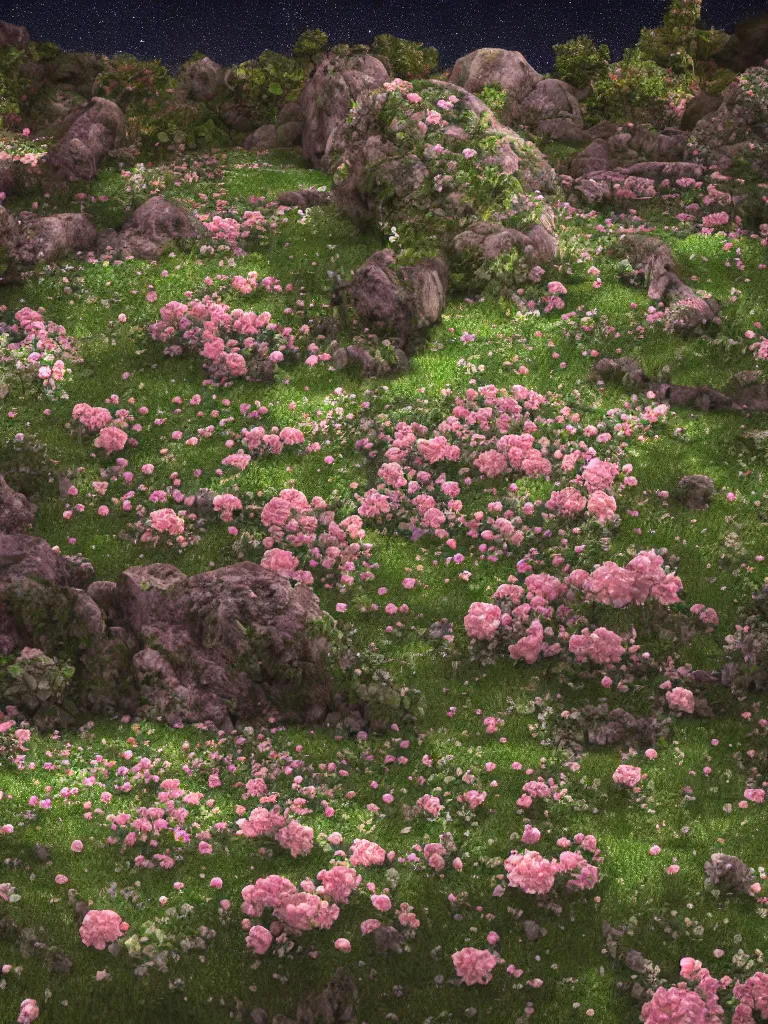 Prompt: a great garden and rose, starry night, serene landscape, silcence, by beeple, hiroshi sugimoto ，, highly detailed, unreal engine, ultra hd, trending on art - station