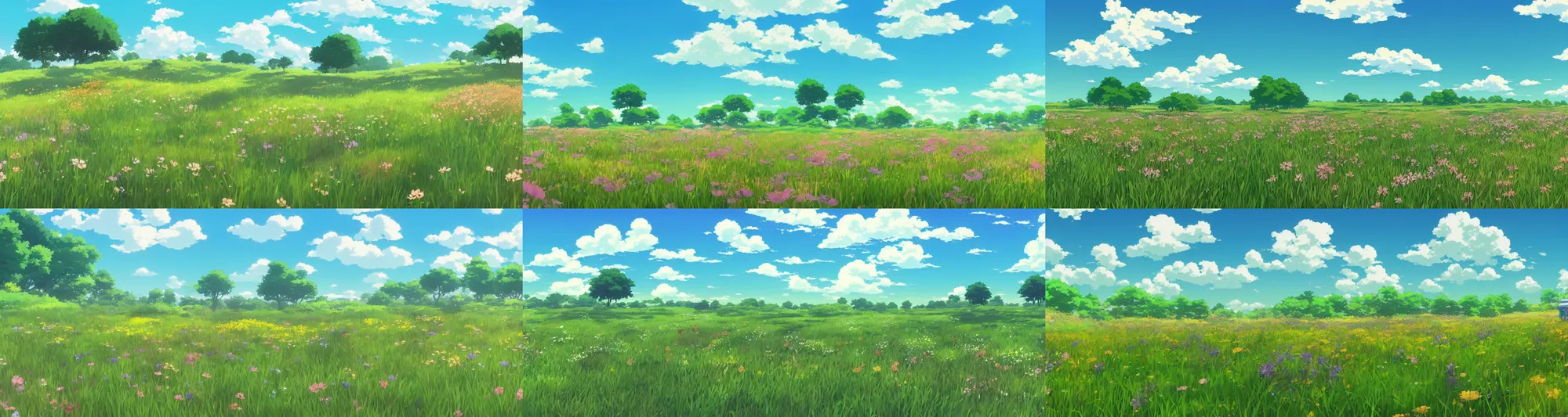 Prompt: a beautiful summer day, landscape prairie field, dreamlike, in the anime by studio ghibli and makoto shinkai