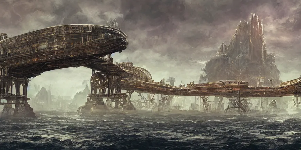 Prompt: illustration, concept illustration, steam punk, a single giant ancient linear city on a single bridge, giant continent bridge city build over the ocean in a straight line, fading into the distance