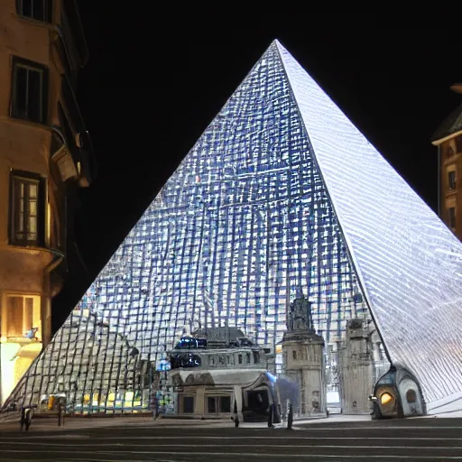 Prompt: Artificial superintelligence in glass silver shiny pyramid in the middle of an old town