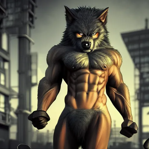 Prompt: muscular werewolf, anime, grey fur, city background, night lights, field of depth, bokeh, award-winning photorealistic uhd 8k