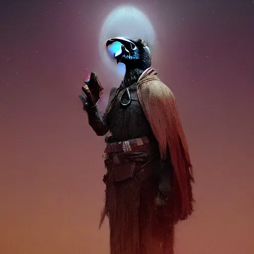 Image similar to self portrait of a raven NPC quest giver. Full body with cloak and body armor, digital art, realistic, ultradetailed, concept art in the style of r/retrofuturism, art by Beksinski and Dariusz Zawadski, trending on artstation, devianart, cgsociety