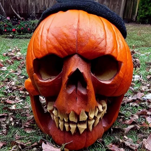 Image similar to a demonic skull pumpkin carving, highly detailed, sculpted, realistic, photo