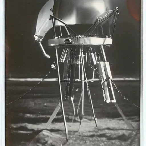 Image similar to old polaroid depicting an metallic alien probe, at a clearing