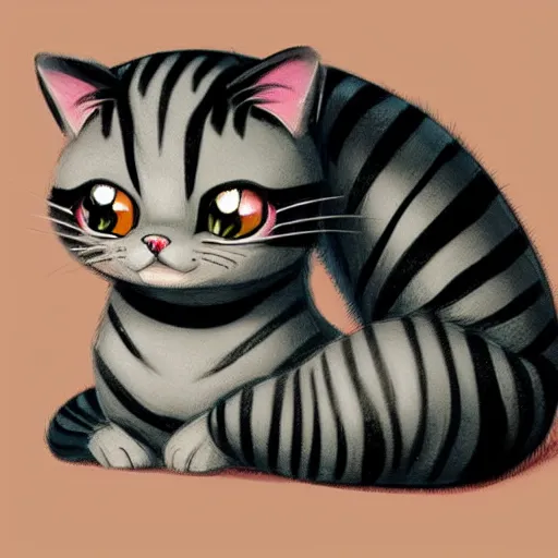 Image similar to kawaii greystriped cat looking cute, disney style, concept art, highly artstation, detailed, cartoon