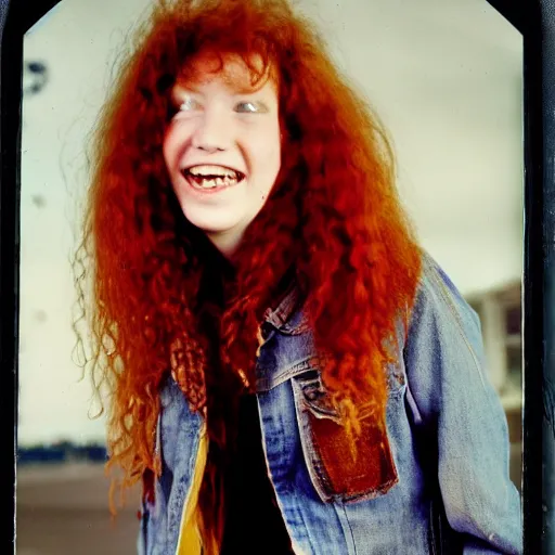 Image similar to 19-year-old girl, thick red shaggy hair, wearing leather jacket and denim jeans, holding electric guitar, stoner rock, proto-metal, super 8mm, 1973