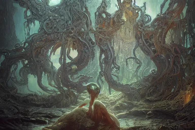 Prompt: a lovecraftian painting of a demonic shrine, occult, paigan ritual, cosmic horror elements, ultra realistic, concept art, intricate details, eerie, highly detailed, photorealistic, octane render, 8 k, unreal engine. art by artgerm and greg rutkowski and alphonse mucha