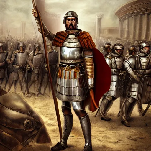 Image similar to a roman soldier in front of his army, ancient rome, digital art, steal armors, photorealistic, highly detailed