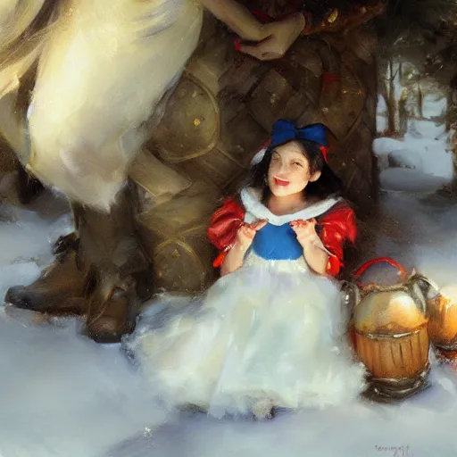 Image similar to close up of snow white and the 7 dwarfs, cinematographic shot, by daniel f. gerhartz