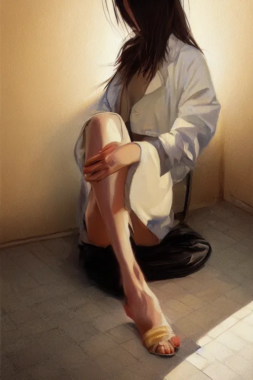 Image similar to a ultradetailed beautiful panting of a stylish woman sitting on the floor in a tiled room, she is wearing an oversized jacket, night time, oil painting, by ilya kuvshinov, greg rutkowski, guweiz and makoto shinkai