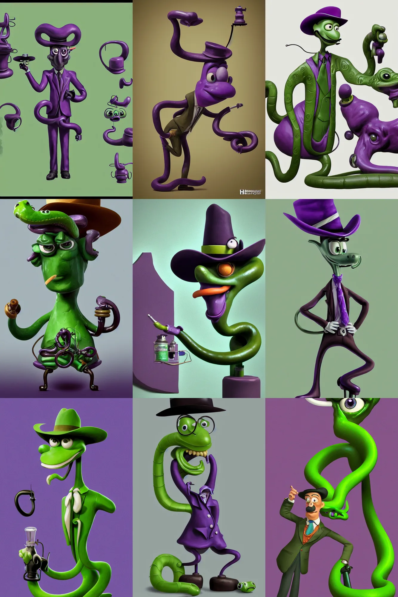 Prompt: anthropomorphic purple green cowboy snake oil salesman, character design by Disney and Pixar, composition by Henri Cartier Bresson, sculpted in zbrush, minimal, Uncle Aloysius, dystopian, big eyes with eyelashes and twirly moustache, piston pumps of oil rig with bull horns, extremely detailed, digital painting, artstation, concept art, sharp focus, illustration, chiaroscuro lighting, golden ratio, rule of thirds, fibonacci