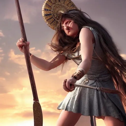 Image similar to Greek goddess Athena fighting with stupidity, realistic person, spear in the right hand, long hair, natural look, hyper realistic, highly detailed, 4k, battle landscape