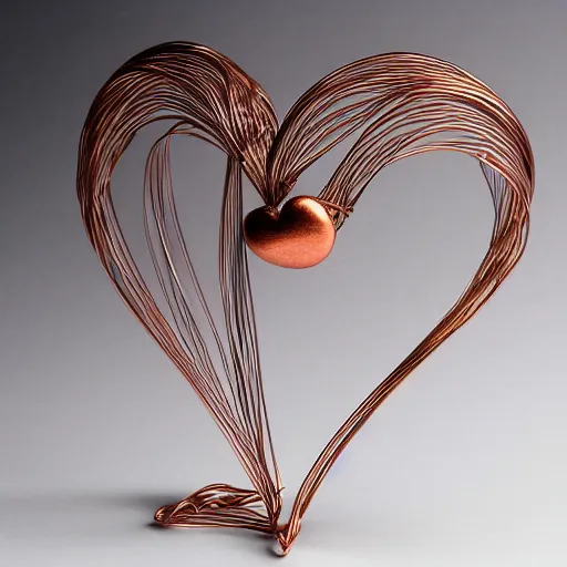 Image similar to a very beautiful tiny human heart organic sculpture made of copper wire and threaded pipes, very intricate, curved. studio lighting, high resolution, high quality, black background