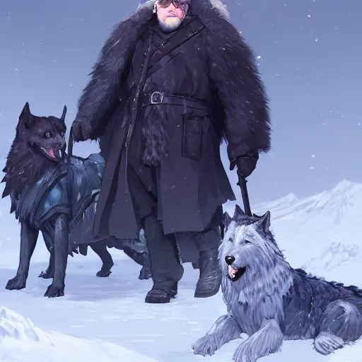 Prompt: George R.R. Martin as Jon Snow wearing glasses and a George R.R. Martin petting a Dire Wolf by his side, ambient lighting, 4k, anime key visual, lois van baarle, ilya kuvshinov, rossdraws, craig mullins, artstation