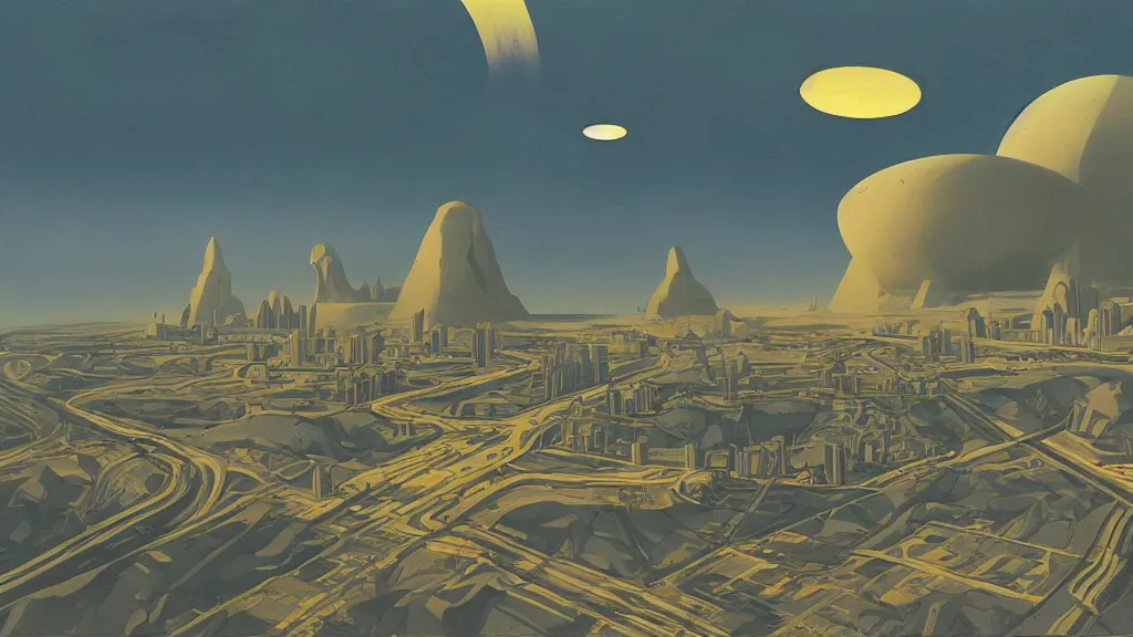 Image similar to a painting in the style of chesley bonestell and in the style of francois schuiten.