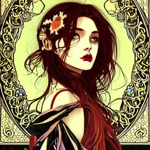 Image similar to manga skull portrait girl female skeleton realism hyperrealistic art Nintendo akira Scarlett Johanson and will cotton alphonse mucha pop art nouveau