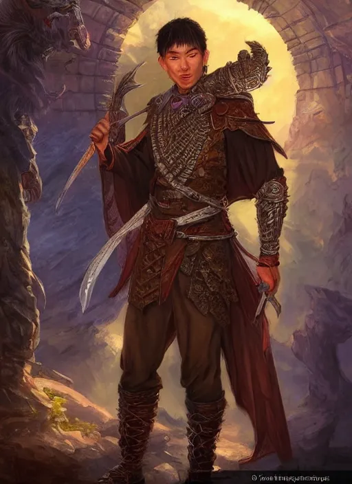 Image similar to asian human male, ultra detailed fantasy, dndbeyond, bright, colourful, realistic, dnd character portrait, full body, pathfinder, pinterest, art by ralph horsley, dnd, rpg, lotr game design fanart by concept art, behance hd, artstation, deviantart, hdr render in unreal engine 5