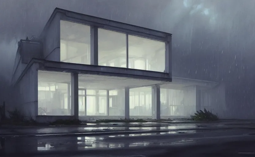 Prompt: painting of a wide angle exterior shot of a white concerete brutalist architecture house with rainy and moody cinematic lighting by darek zabrocki and greg ruthkowski, alphonse mucha, simon stalenhag and cinematic and blue cold atmospheric, archillect concept art, artstation, trending on artstation