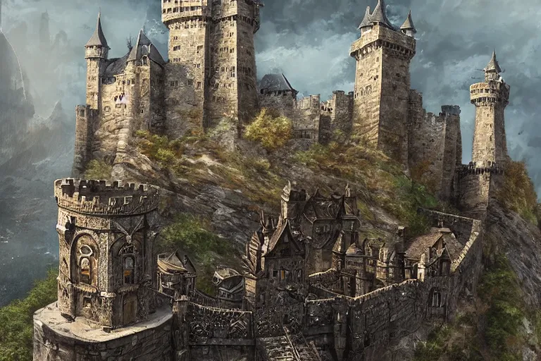 Prompt: A big keep overlooking the castle below it, metal, iron, texture, intricate, details, highly detailed, masterpiece, architecture, building, trending on artstation, focus, sharp focus, concept art, digital painting, fantasy, D&D, tabletop, rpg, roleplay