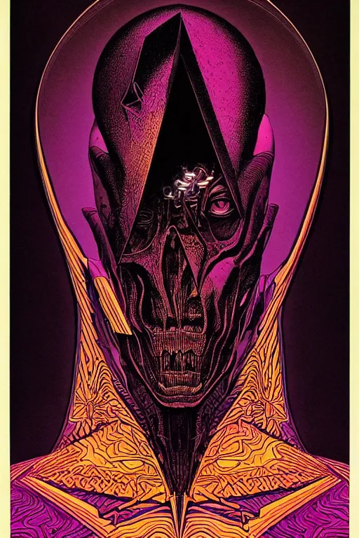 Image similar to portrait of black and psychedelic grainshading print by moebius, richard corben, wayne barlowe, cyberpunk comic cover art, psychedelic triangular skeleton, very intricate, thick outline, full body, symmetrical face, long black crown, in a shapes background, galactic dark colors