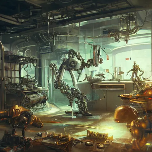 Image similar to he inside of a futuristic mechanic workshop, highly detailed interior, scrap metal on workbenches, half - finished robot, mechanical bugs in a display case, holographic screen in center frame by peter mohrbacher, trending on artstation, cryengine render, 8 k