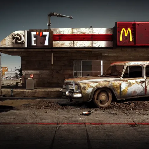 Image similar to post apocalyptic McDonald's, octane render, 4k