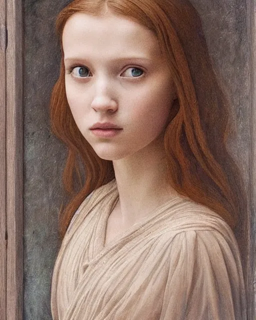 Image similar to a window - lit realistic portrait painting of a thoughtful girl resembling a young, shy, redheaded alicia vikander or millie bobby brown as an ornately dressed princess from the latest star wars movie, highly detailed, intricate, by leonardo davinci and boticelli