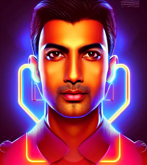 Image similar to symmetry!! indian prince of technology, solid cube of light, hard edges, product render retro - futuristic poster scifi, lasers and neon circuits, brown skin handsome indian prince, intricate, elegant, highly detailed, digital painting, artstation, concept art, smooth, sharp focus, illustration, dreamlike, art by artgerm