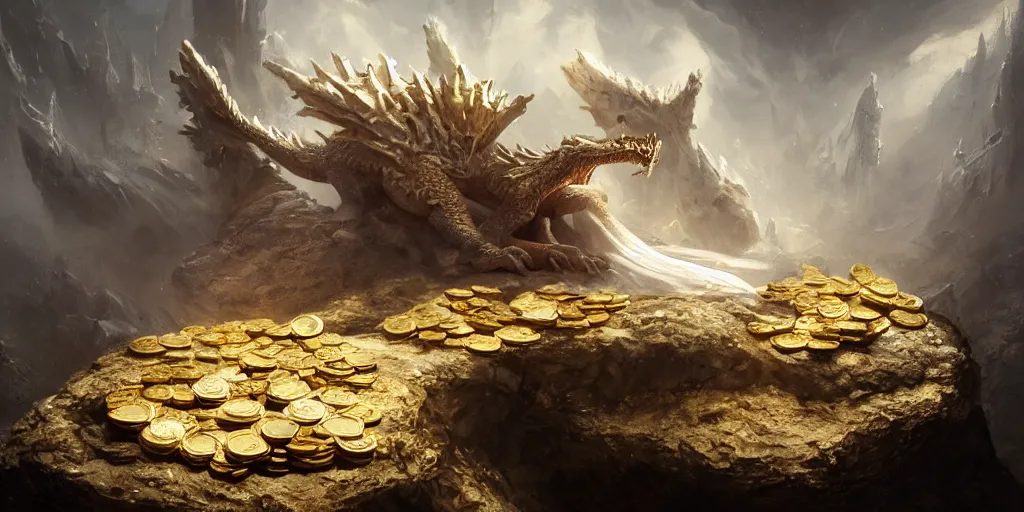 Image similar to concept art of a white scaled dragon laying on a mountain of golden coins and precious jewels inside a dark castle, medieval, dark concept art, jewels, gold, painting by wlop, nixeu and greg rutkowski, beautiful, semirealism, artstation, octane render, sharpness, 8 k, golden ratio