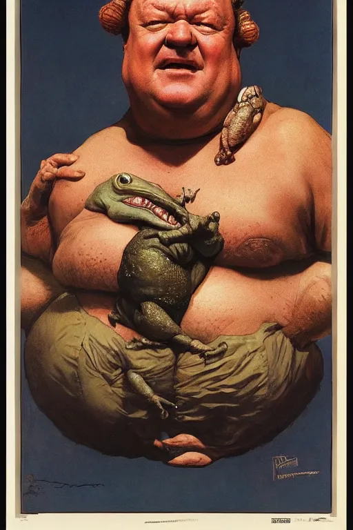 Image similar to dynamic upper body portrait of ray winstone as a toad hybrid and dressed as baron harkonnen, by norman rockwell and boris vallejo