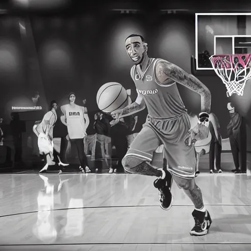 Prompt: Lewis Hamilton playing basketball, photo, trending on artstation