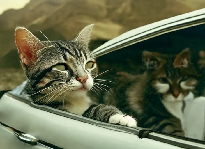 Image similar to A very high resolution image from a new movie, a cat driving a car around, inside of a car , mountains, Polaroid, directed by wes anderson