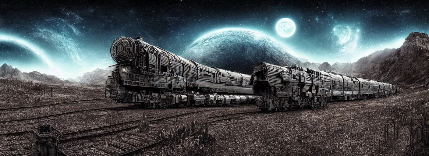 Prompt: long organic alien weird David cronenberg rocket train mountain starry moonlit night sky H.R. Giger, amazing wide landscape digital art 4k