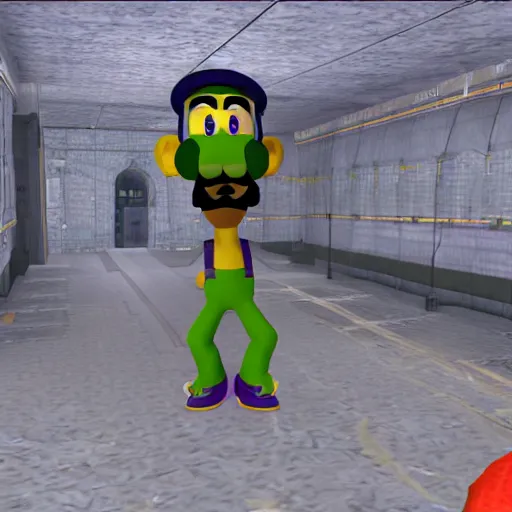 Prompt: waluigi in half life 1 wearing a scientist suit, screenshot from half life 1