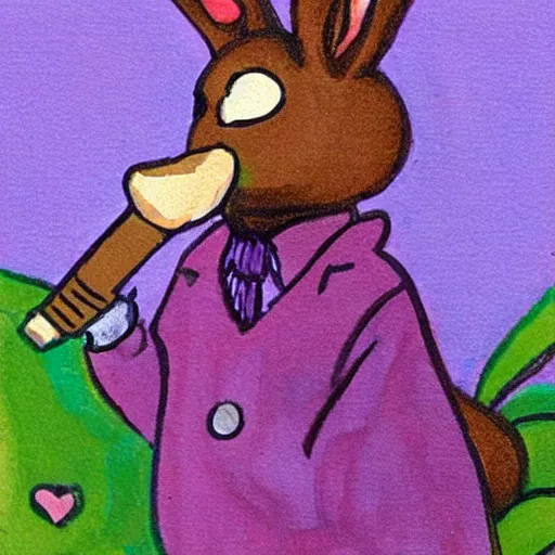 Image similar to a violet rabbit smoking a cigar, in the style of h. r. geiger