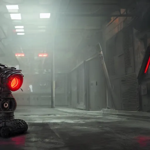 Image similar to panorama industrial military robot on a sci-fi military style motocycle, wearing bullet-riddled armor, glowing red eyes, wearing brutalist art deco industrial cyberpunk alley, dynamic dramatic dark moody lighting,shadows,cinematic atmosphere,Artstation, hyperrealistic 3D digital art,Octane render,8K 4K UHD image