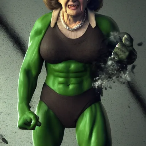 Prompt: Margaret Thatcher with hulk's body, realistic artstyle, wide shot, dramatic lighting, octane render, hyperrealistic, high quality, highly detailed, HD, beautiful, cinematic, 8k, unreal engine, facial accuracy, symmetrical