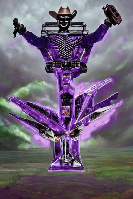 Prompt: portrait of cowboy johnny cash as purple green optimus prime power ranger from transformers riding on guitar zord ufo hoverboard, intricate, highly detailed, smooth, artstation, digital illustration by Lisa Frank and Ruan Jia and Mandy Jurgens and Artgerm and Wayne Barlowe and Greg Rutkowski and Zdislav Beksinski