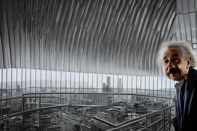 Prompt: 14mm Albert Einstein color portrait photo in World Trade Center complex, by Emmanuel Lubezki