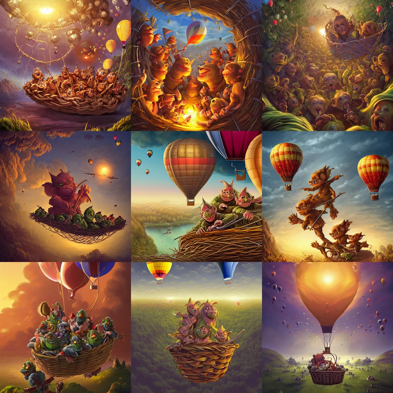 Prompt: A Beautiful digital artwork of the A bunch of goblins in the basket of a travel balloon, war and battle, in style by Dan Mumford, Cyril Rolando and M.W Kaluta, 8k resolution, Ultrafine details, Rendered in Unreal Engine 5, Cinematic Composition, Reimagined by industrial light and magic, smooth,4k, beautiful lighting, HDR, IMAX, Cinema 4D, shadow depth