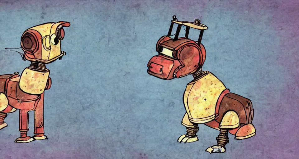 Image similar to a detailed illustration of a cute retro robot dog, alcohol inks on parchment, muted colors, detailed, textured parchment background, 1 9 5 0 s concept art