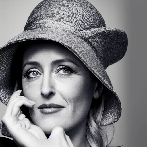 Image similar to photo of a gorgeous Gillian Anderson wearing a 2020s hat by Mario Testino, detailed, head shot, award winning, Sony a7R