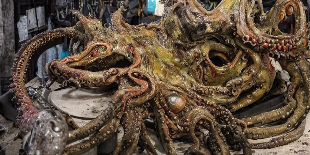 Image similar to low wide angle photo taken of an epic intricate, ultra detailed, super realistic gritty, hero prop, exquisitely painted animatronic movie prop of a wet slimy grotesque nightmarish hellish mutant cephalopod creature displayed in the workshop, created by weta workshop, full body shot, photorealistic, sharp focus