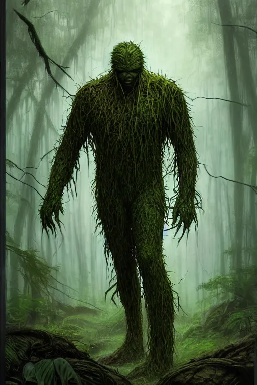 Prompt: realistic photo of swamp thing, sad walk through creepy forest, look at crashed ufo on rocks. deep focus, intricate, elegant, highly detailed, digital painting, art station, concept art, matte, focus sharp, illustration, art by artgerm and greg rutkowski and alphonse mucha